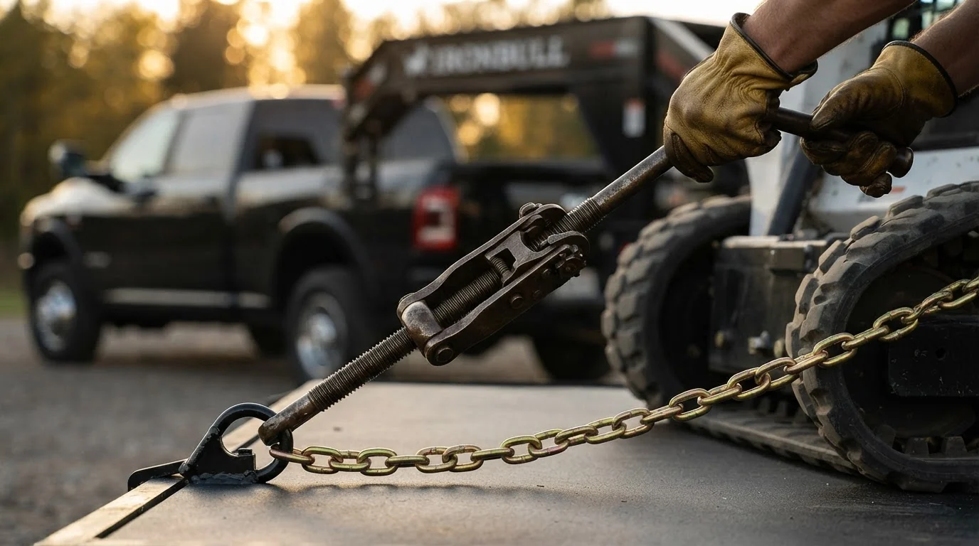 Gloved hands tightening a chain load binder on equipment
